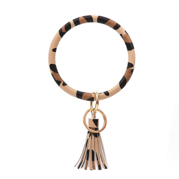 Leopard PU Leather Keychain Tassel Hanging Pendant Bracelet Key Ring Gift